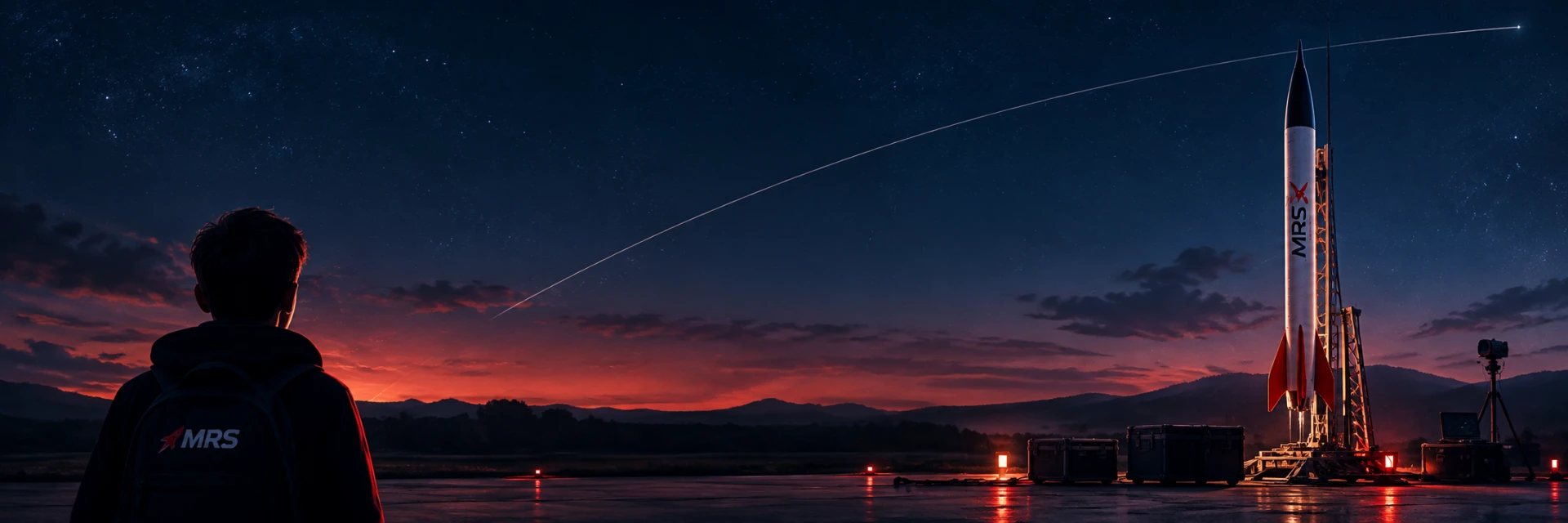 A young MRS member watching a model rocket prepared for launch beneath a star-filled sky